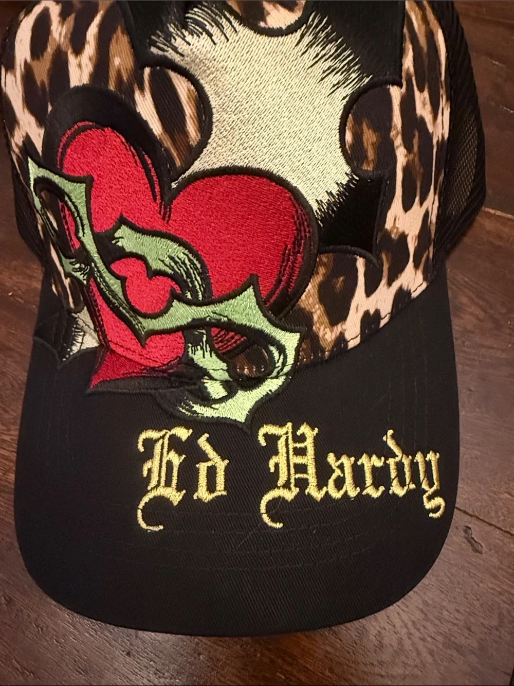Ed Hardy Black Sacred Heart Trucker Hat in Leopard